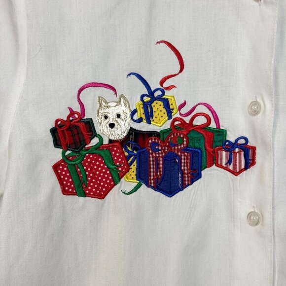 Karen Scott Holiday Scottie Presents Button Front Shirt White Size Petite Medium - Picture 16 of 16